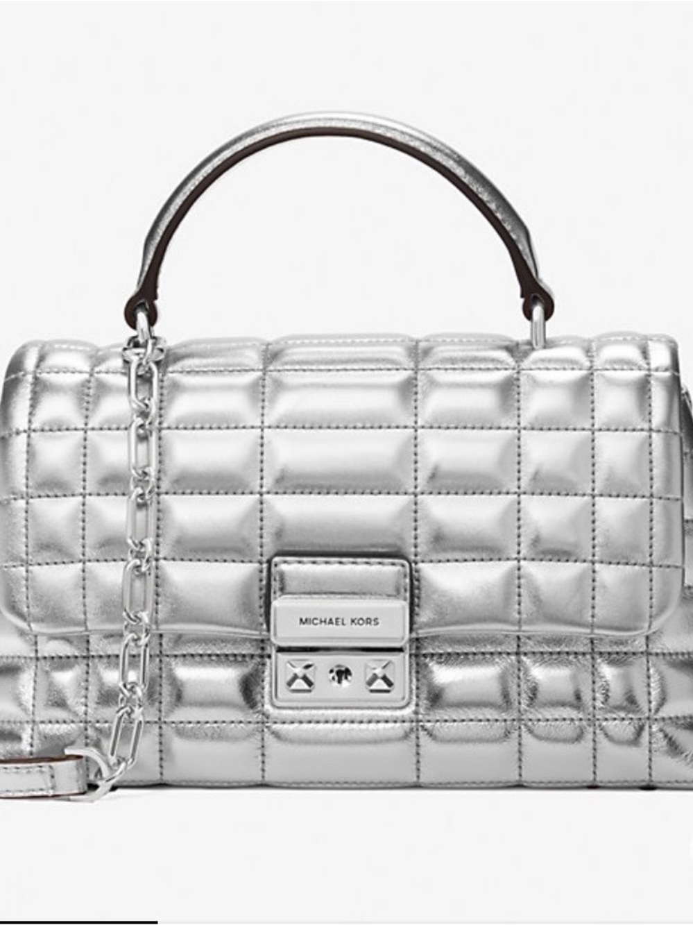 Michael Kors Metallic Silver Tribeca Quilted Top Handle Satchel